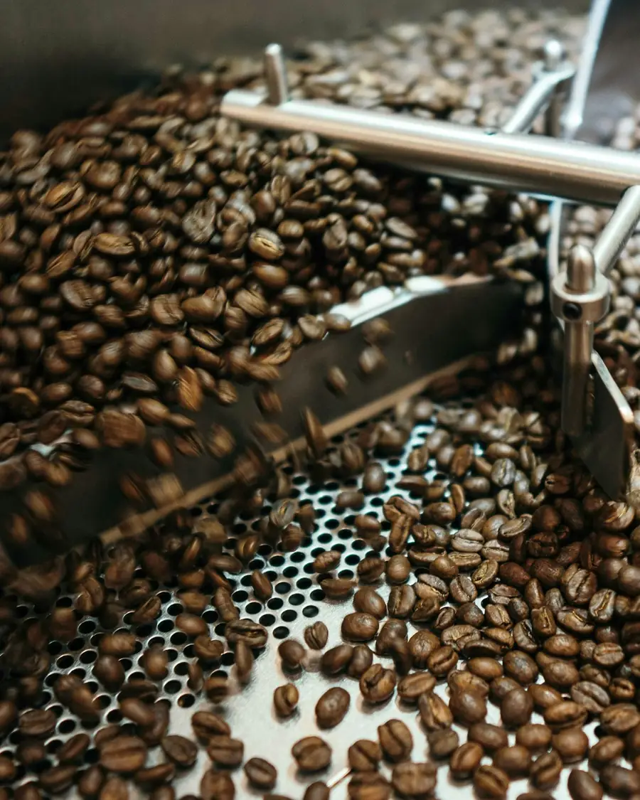 Fresh roasted beans turning in the cooling tray